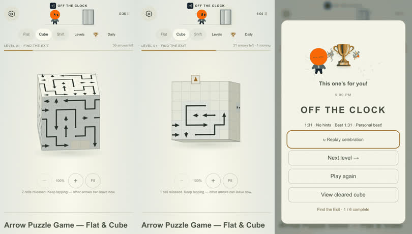 Three frames from real Off The Clock Cube gameplay: a crowded arrow cube, a partly cleared cube and the trophy celebration