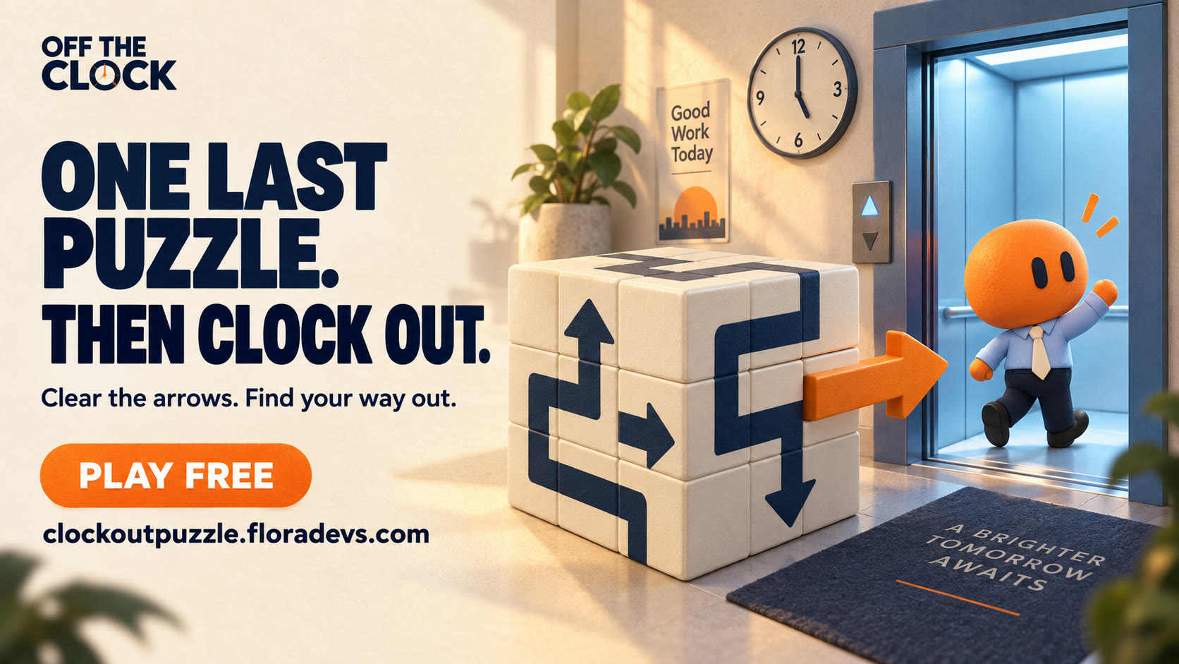One last puzzle, then clock out: an orange office mascot waves from an elevator beside a stylized arrow cube in Off The Clock promotional artwork