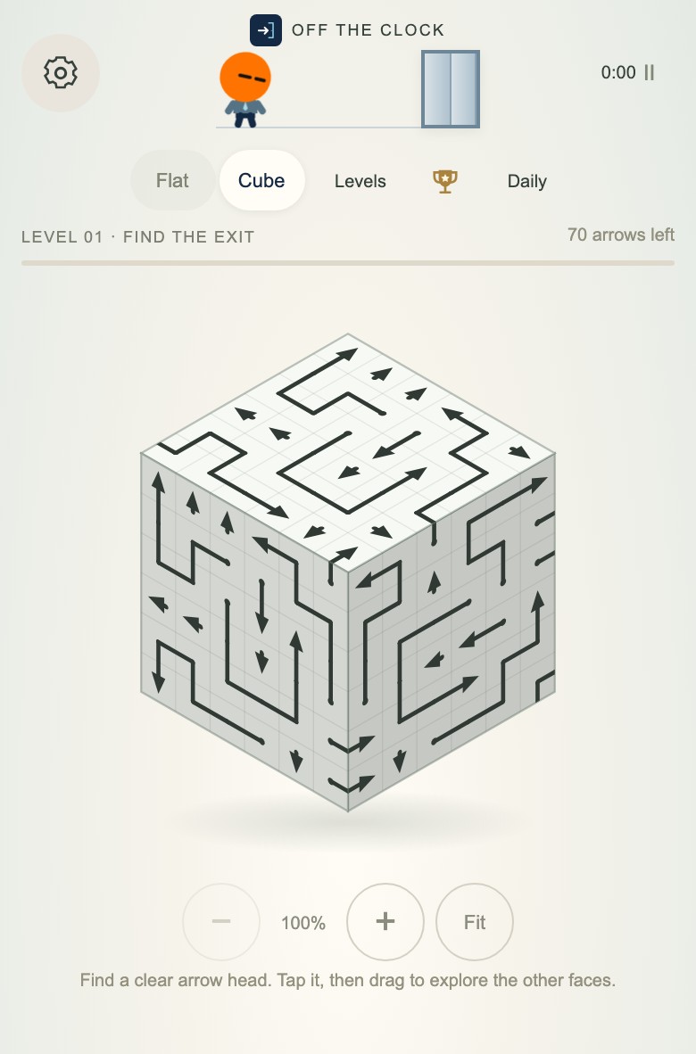 Off The Clock Cube Level 01 showing arrows across three visible cube faces
