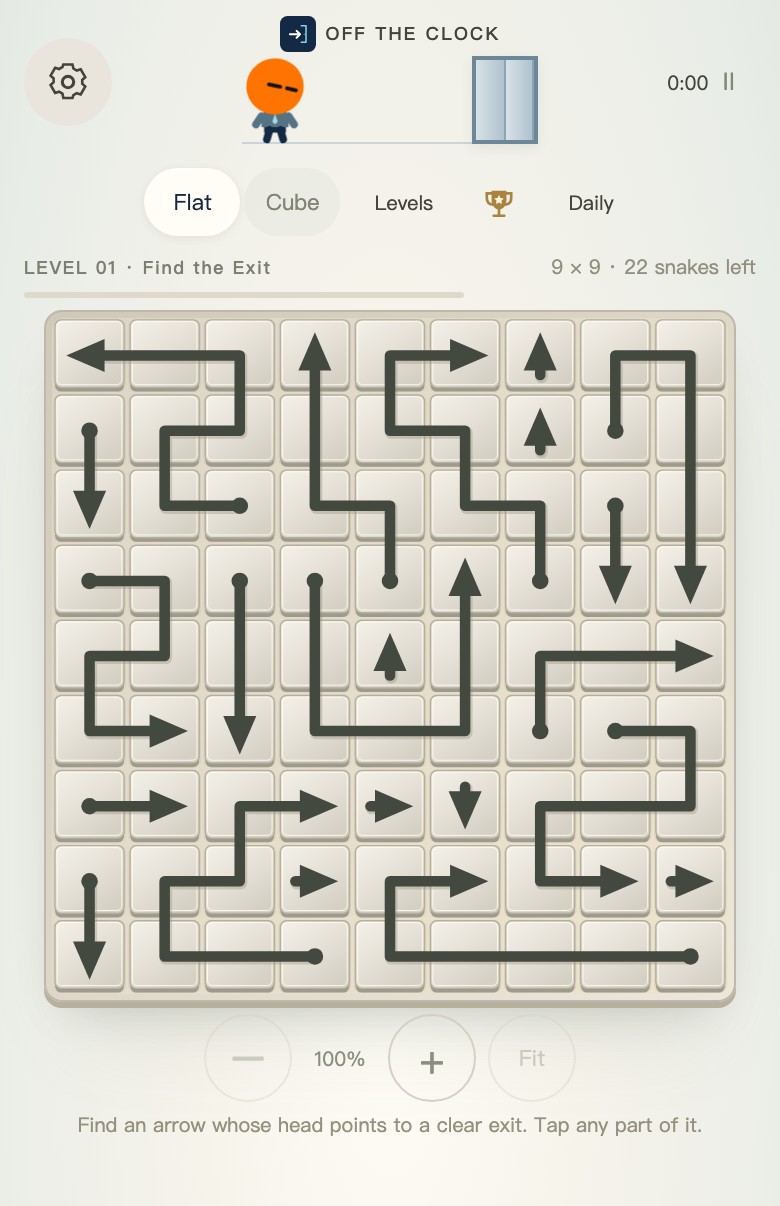 Off The Clock Flat Level 01 with winding arrows on a 9 by 9 board