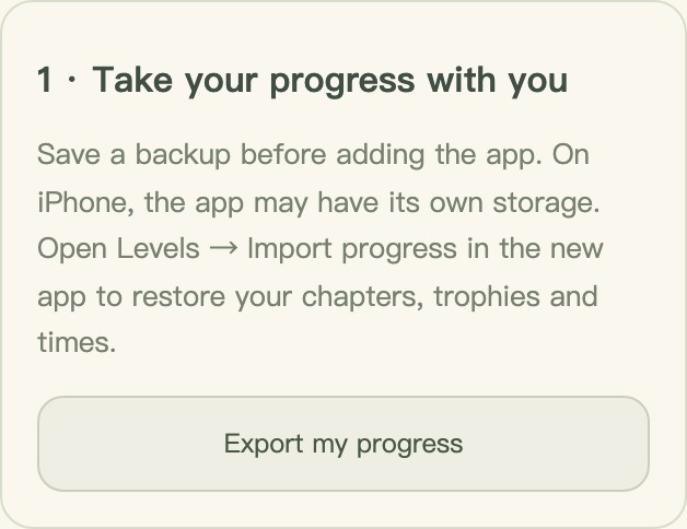 In-game progress backup instructions with the Export my progress button