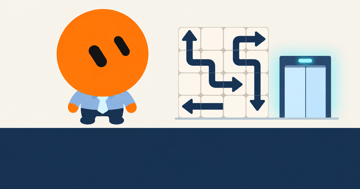 Off The Clock orange office mascot beside an arrow puzzle and elevator exit